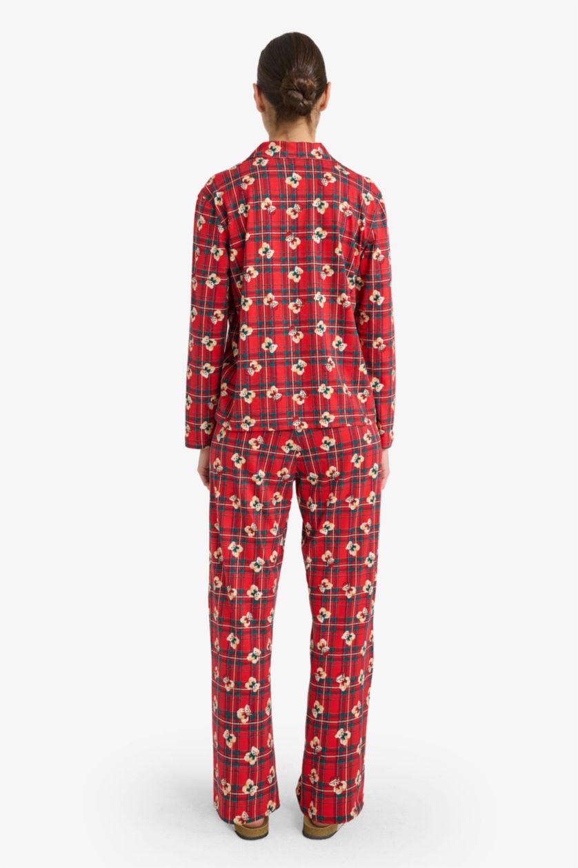 نساء أحمر سيت بجامة كاروهات قطن قصة عادية بطبعة دب - قطعتين