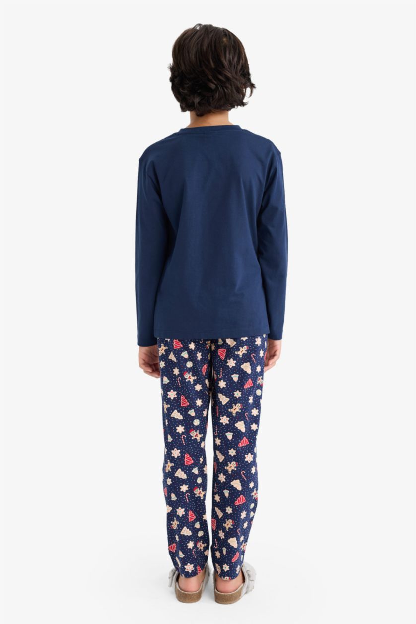 Erkek Çocuk - Genç Erkek Lacivert Yılbaşı Temalı Pijama Takımı Uzun Kollu Üst Uzun Alt Erkek Çocuk