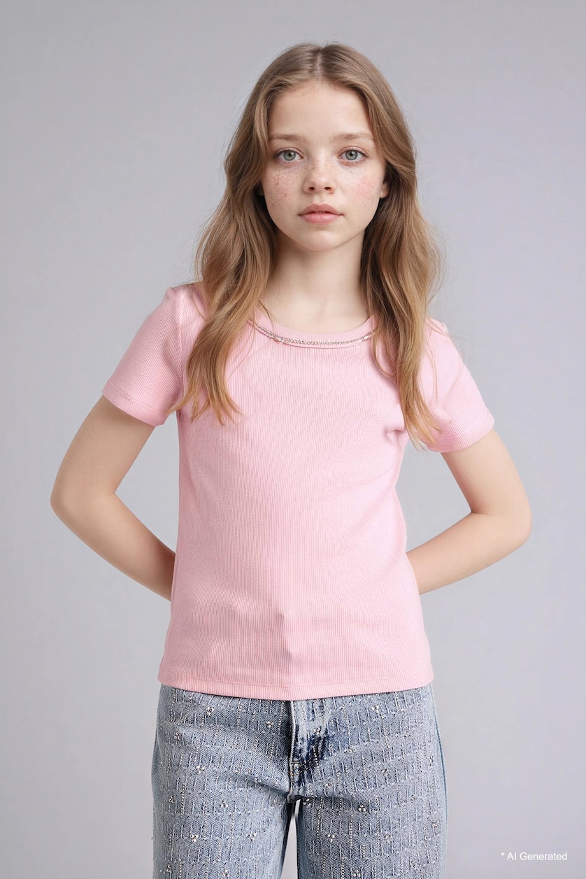 GIRLS & TEENS Pink Girl Boat Neck Ribbed Short Sleeve T-Shirt