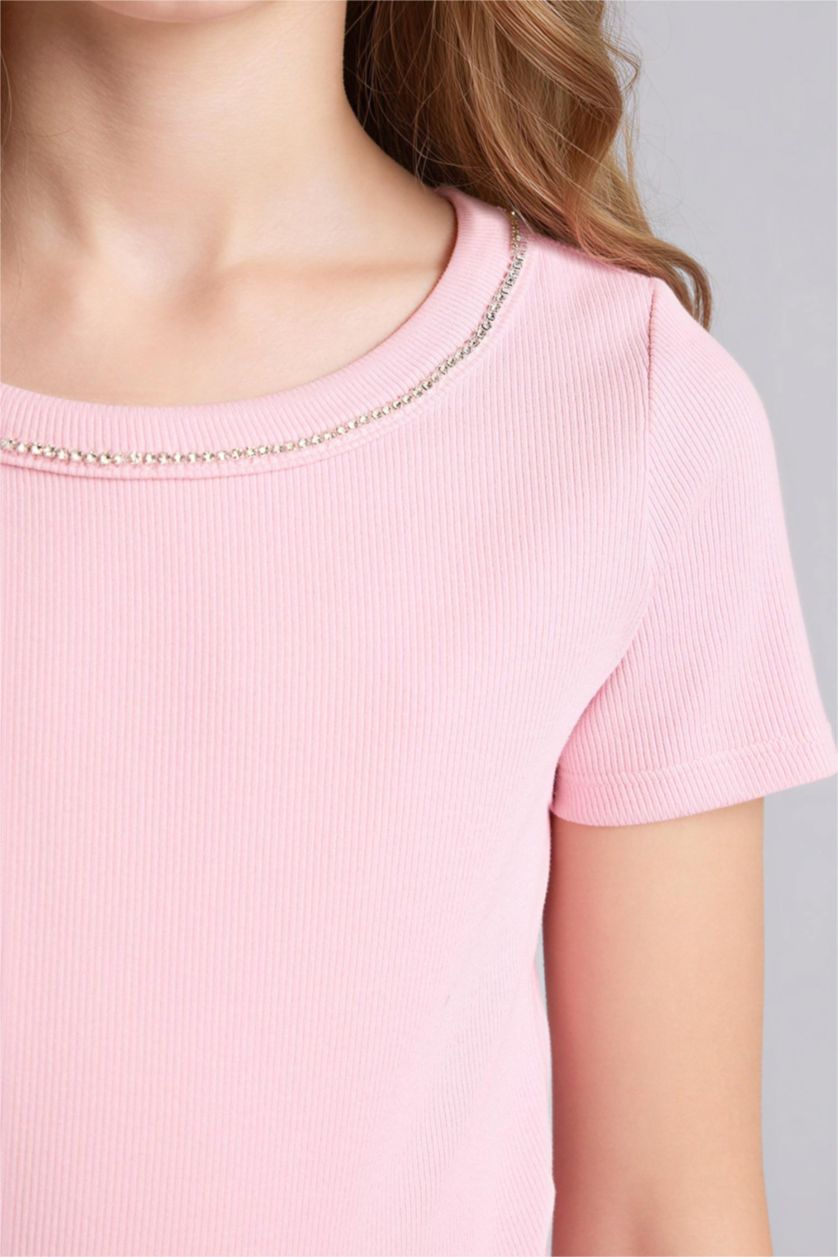 Kız Çocuk - Genç Kız Pembe Kayık Yaka Fitilli Kaşkorse Kısa Kollu Tişört Kız Çocuk