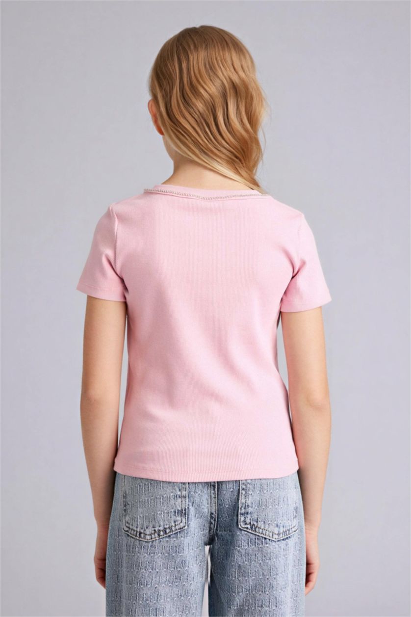 Kız Çocuk - Genç Kız Pembe Kayık Yaka Fitilli Kaşkorse Kısa Kollu Tişört Kız Çocuk
