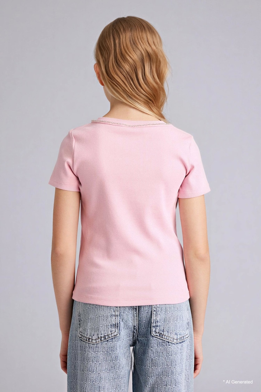GIRLS & TEENS Pink Girl Boat Neck Ribbed Short Sleeve T-Shirt