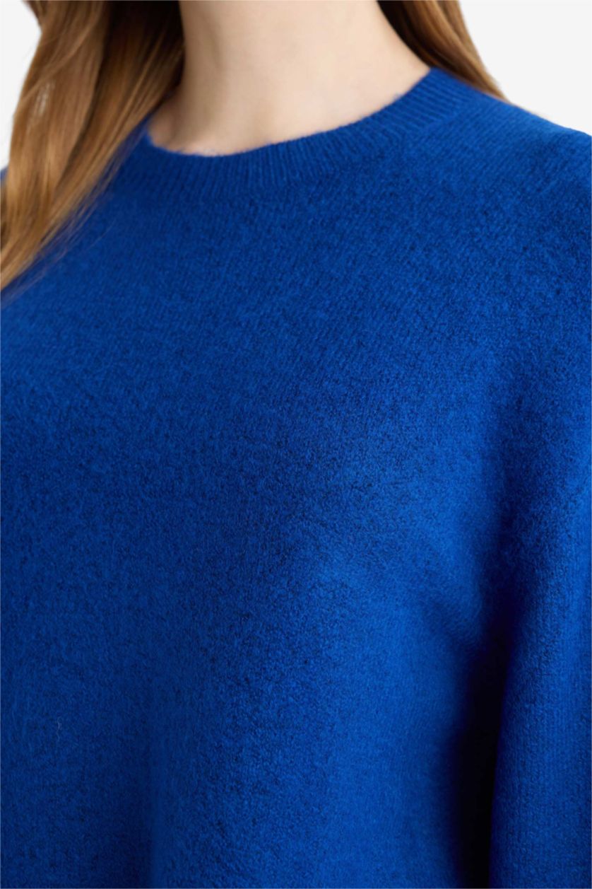 Kadın Saks Loose Fit Bisiklet Yaka Triko Kazak Tunik