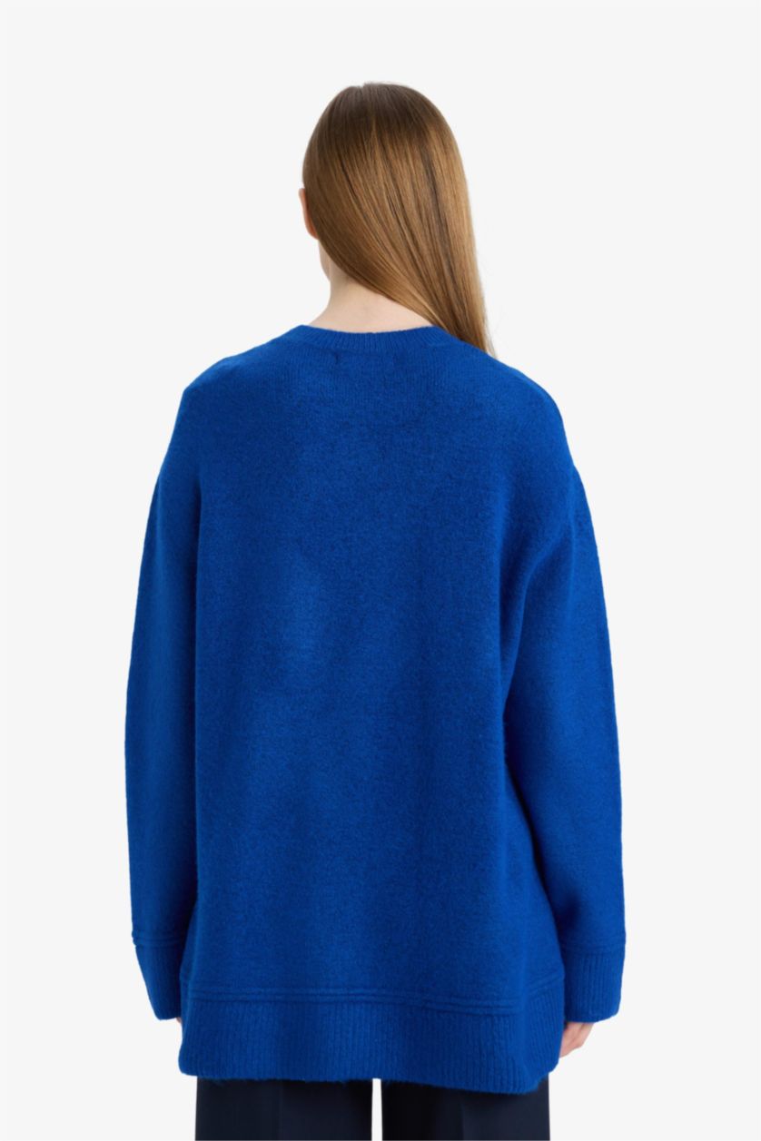 Kadın Saks Loose Fit Bisiklet Yaka Triko Kazak Tunik