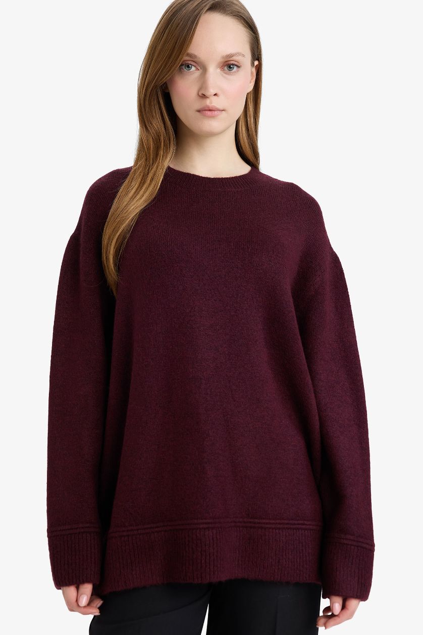 Kadın Açık Mor Loose Fit Bisiklet Yaka Triko Kazak Tunik