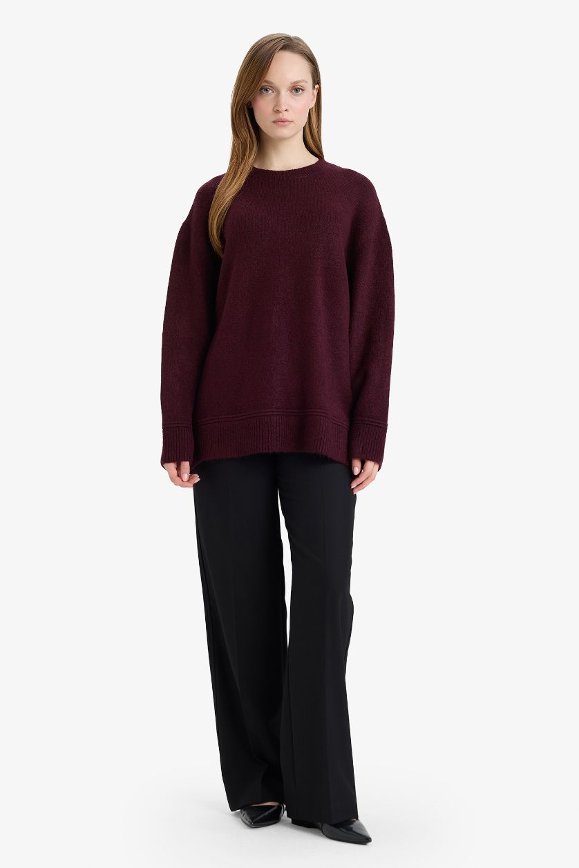 Kadın Açık Mor Loose Fit Bisiklet Yaka Triko Kazak Tunik