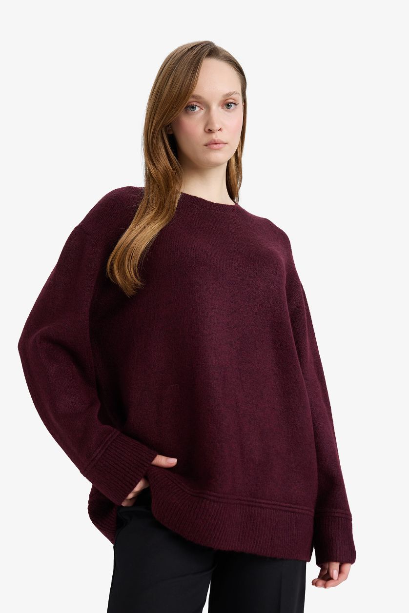 Kadın Açık Mor Loose Fit Bisiklet Yaka Triko Kazak Tunik