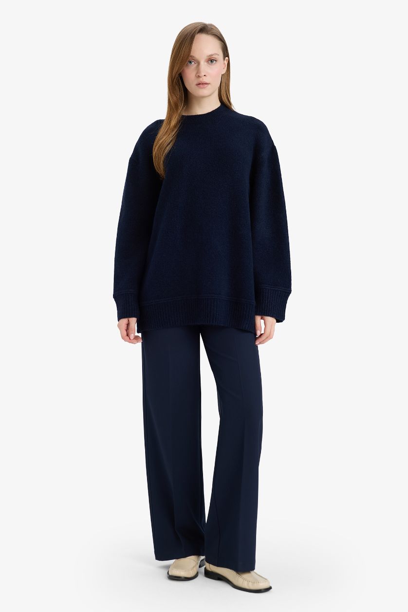 Kadın Lacivert Loose Fit Bisiklet Yaka Triko Kazak Tunik