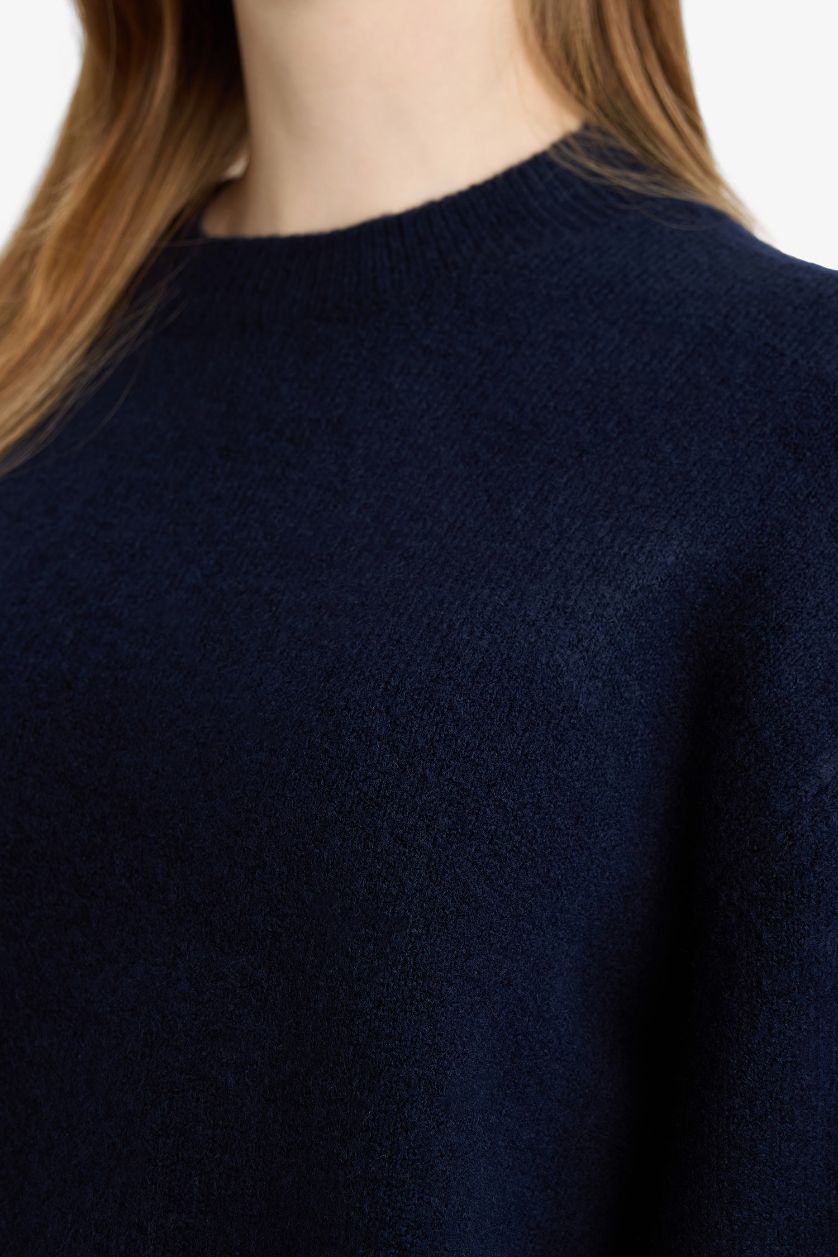 Kadın Lacivert Loose Fit Bisiklet Yaka Triko Kazak Tunik