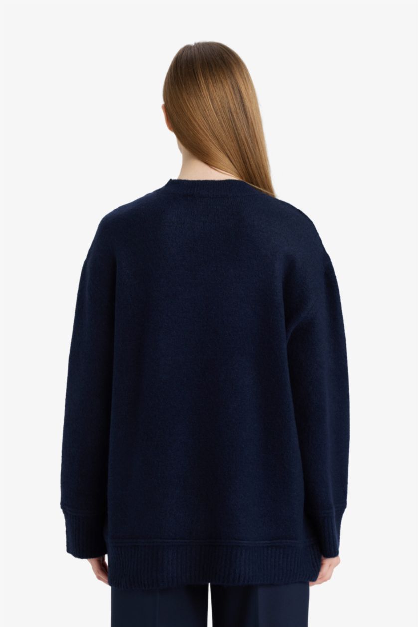 Kadın Lacivert Loose Fit Bisiklet Yaka Triko Kazak Tunik