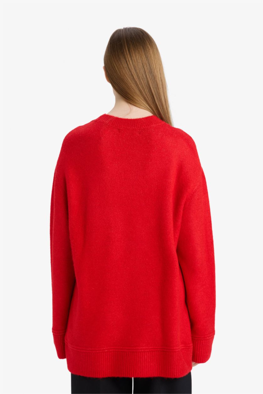 نساء أحمر بلوز صوف تريكو قصة فضفاضة