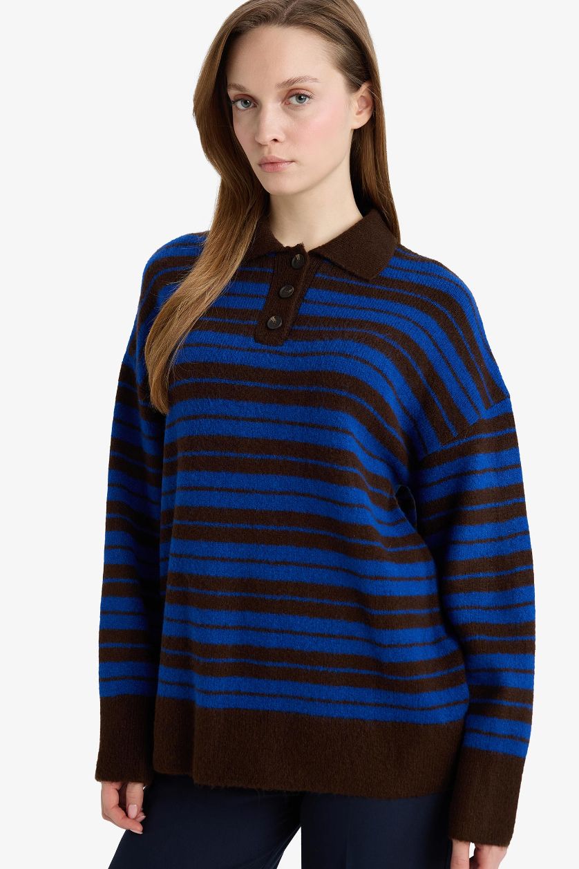 Kadın Kahve Loose Fit Polo Yaka Çizgili Triko Kazak Tunik