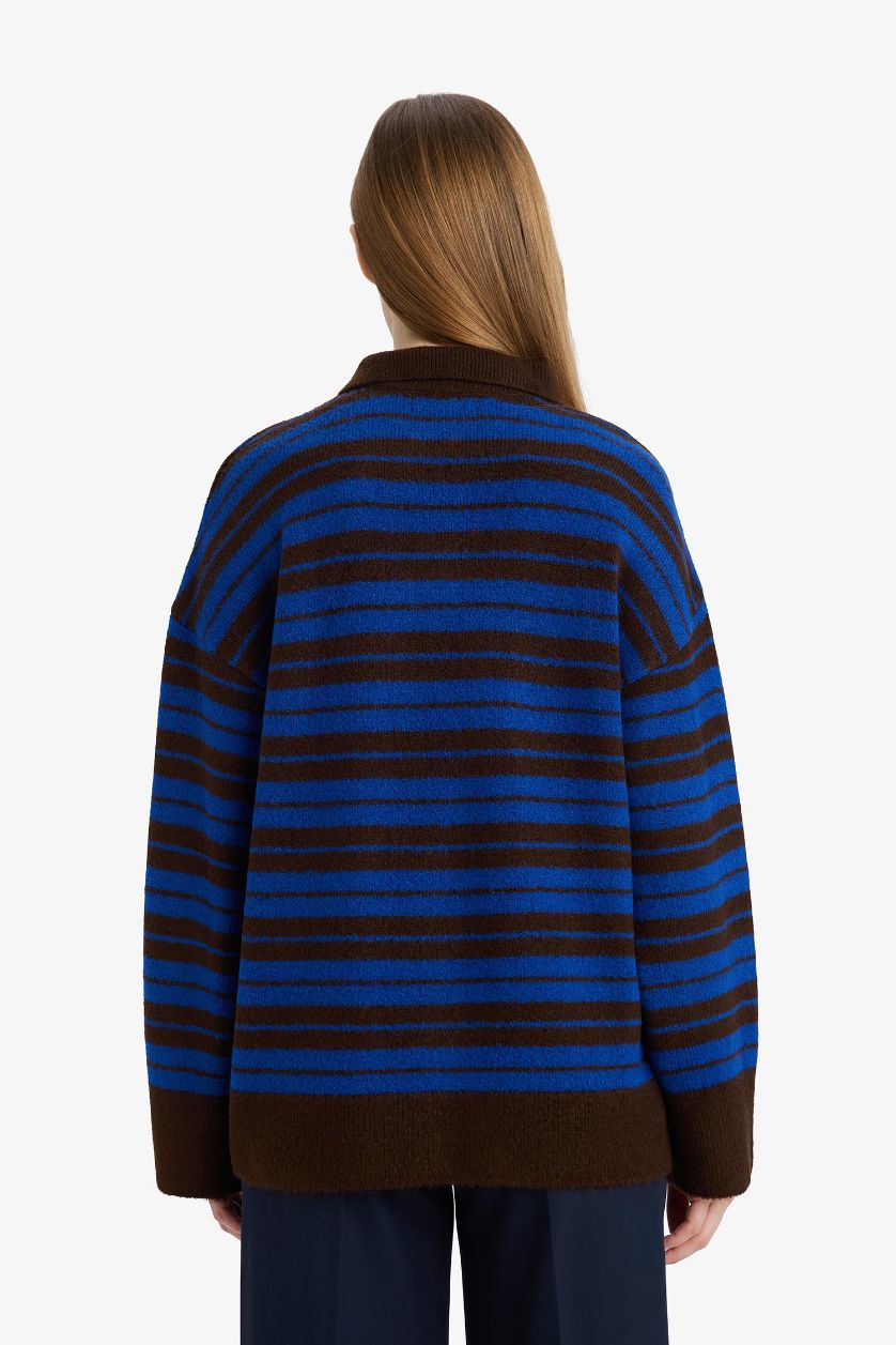 Kadın Kahve Loose Fit Polo Yaka Çizgili Triko Kazak Tunik