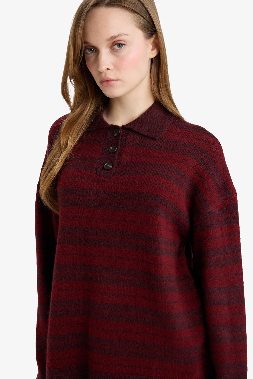 Kadın Bordo Loose Fit Polo Yaka Çizgili Triko Kazak Tunik