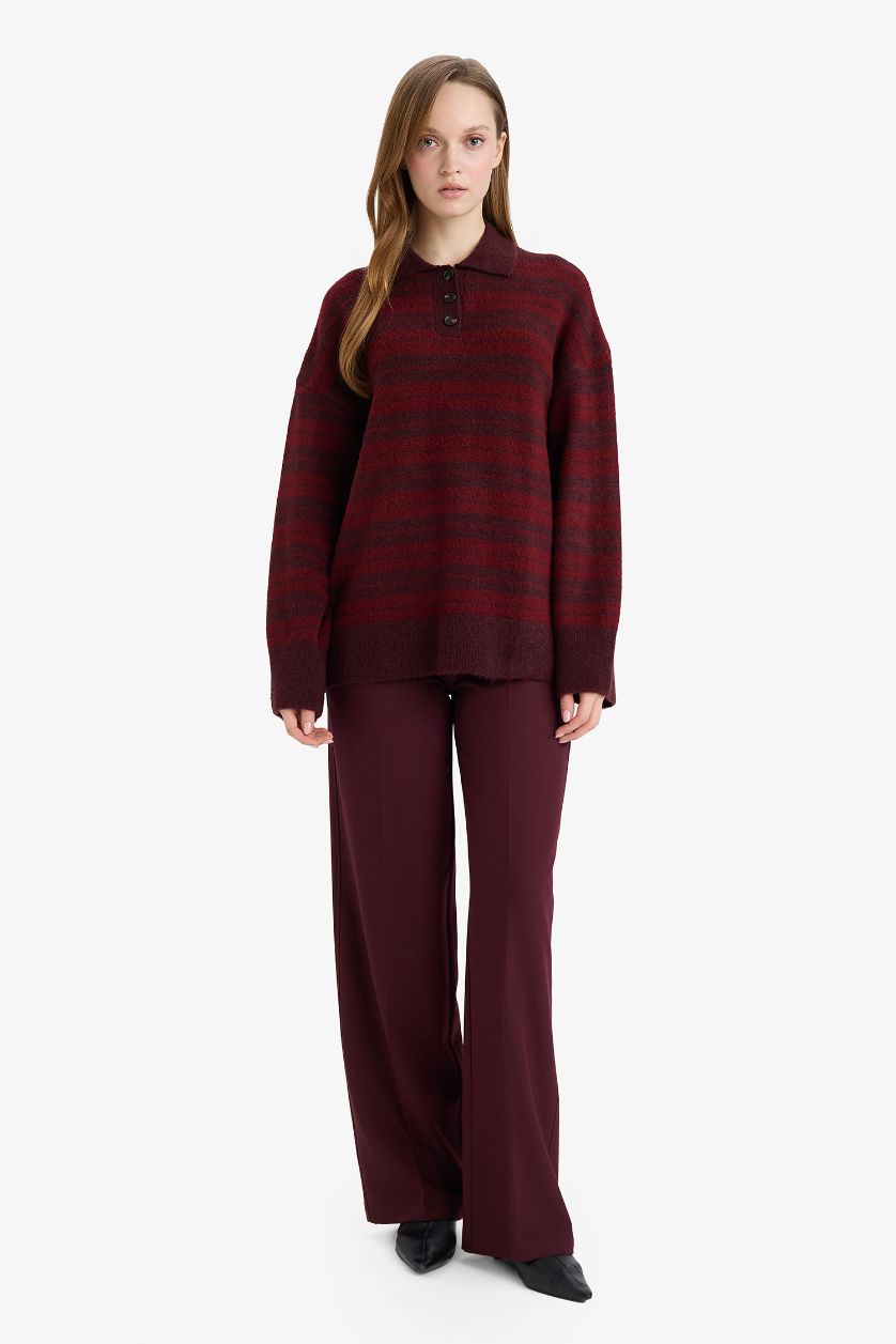 Kadın Bordo Loose Fit Polo Yaka Çizgili Triko Kazak Tunik