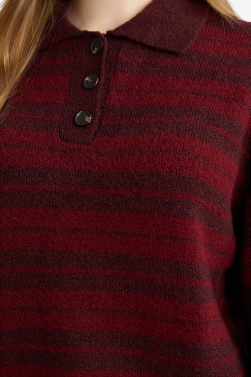 Kadın Bordo Loose Fit Polo Yaka Çizgili Triko Kazak Tunik