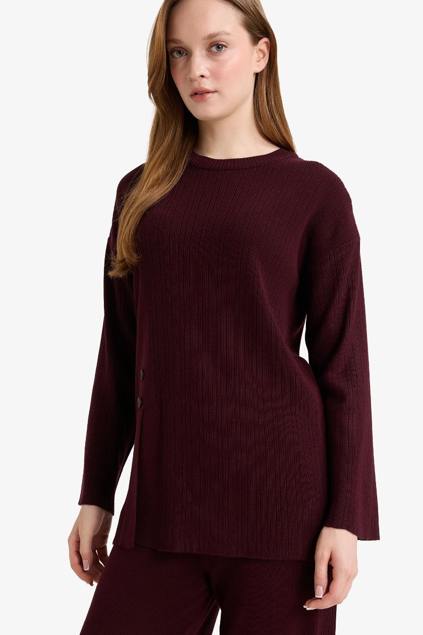 Kadın Koyu Bordo Loose Fit Bisiklet Yaka Triko Kazak Tunik