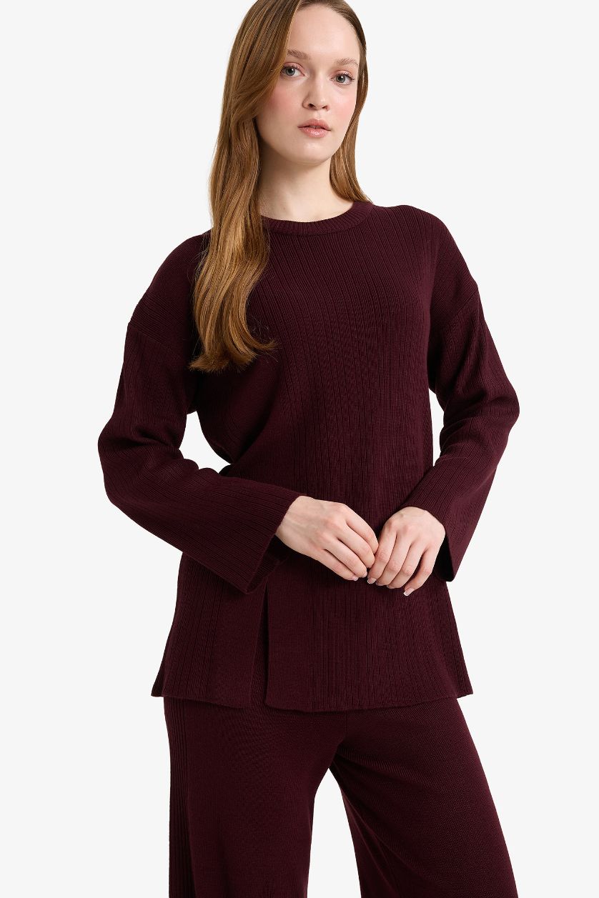 Kadın Koyu Bordo Loose Fit Bisiklet Yaka Triko Kazak Tunik