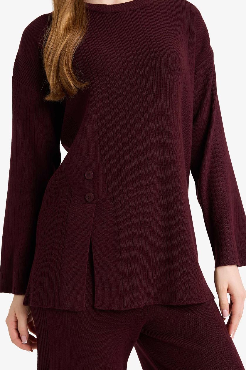 Kadın Koyu Bordo Loose Fit Bisiklet Yaka Triko Kazak Tunik