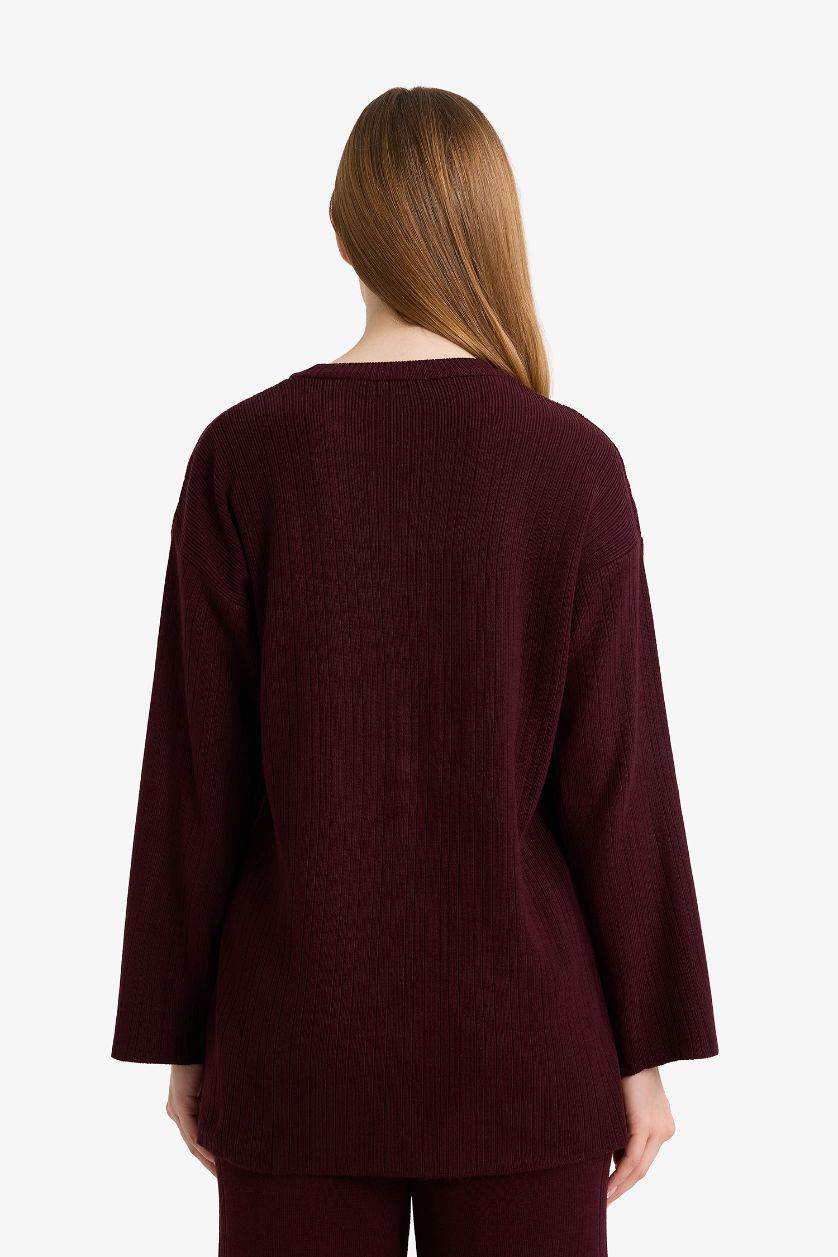 Kadın Koyu Bordo Loose Fit Bisiklet Yaka Triko Kazak Tunik