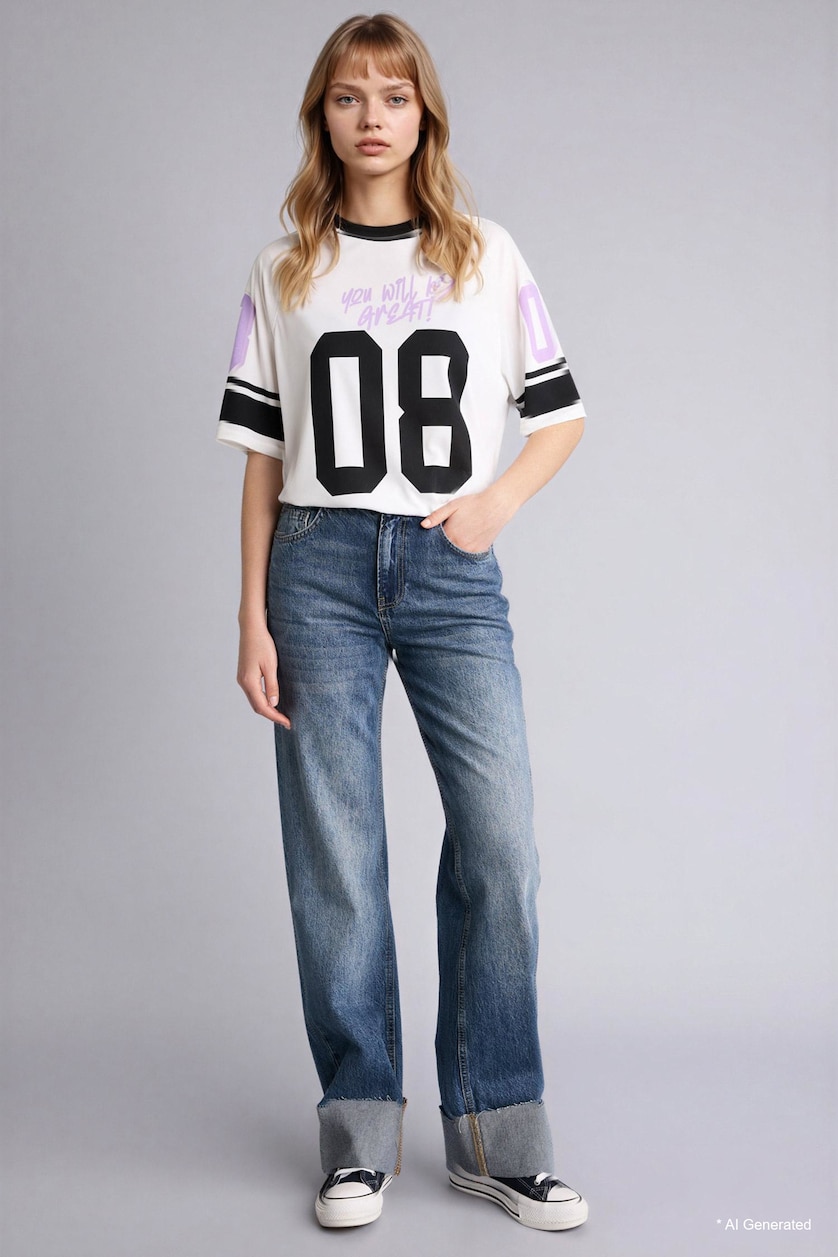 Woman White Oversize Fit Printed Short Sleeve T-Shirt
