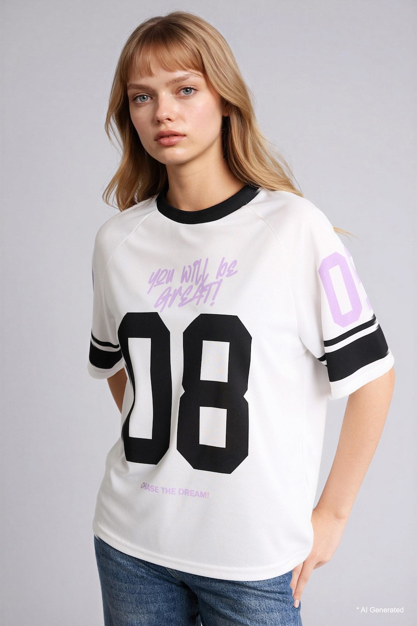 Woman White Oversize Fit Printed Short Sleeve T-Shirt
