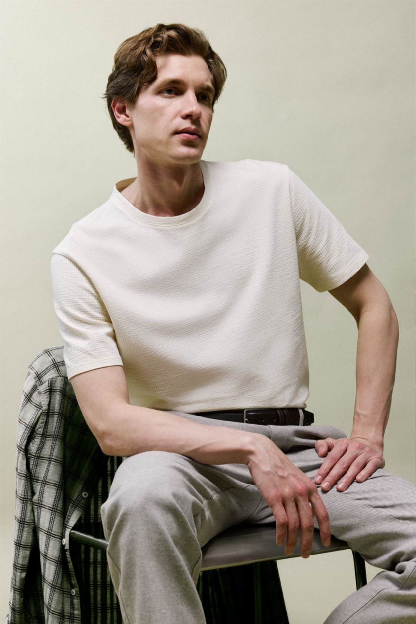 Erkek Ekru Regular Fıt Kısa Kollu Tişört