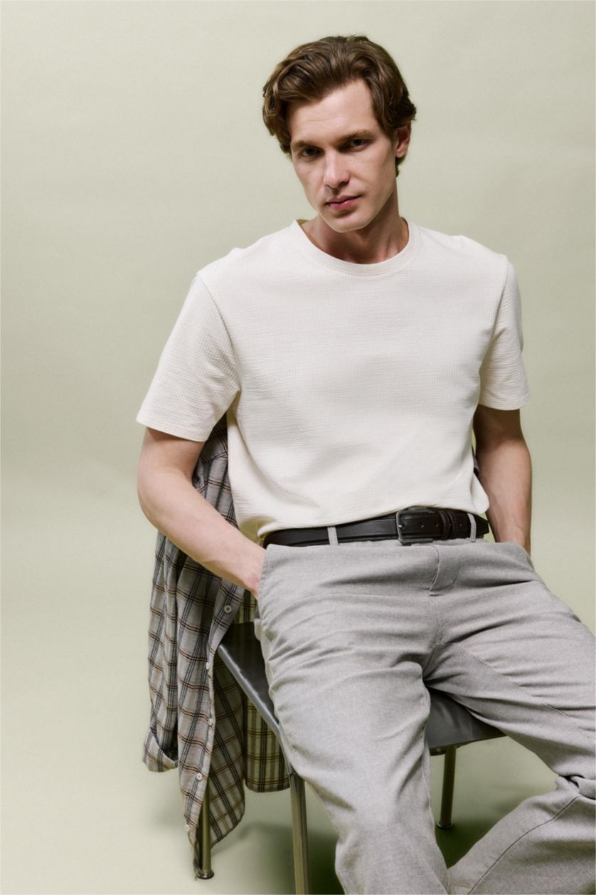 Erkek Ekru Regular Fıt Kısa Kollu Tişört