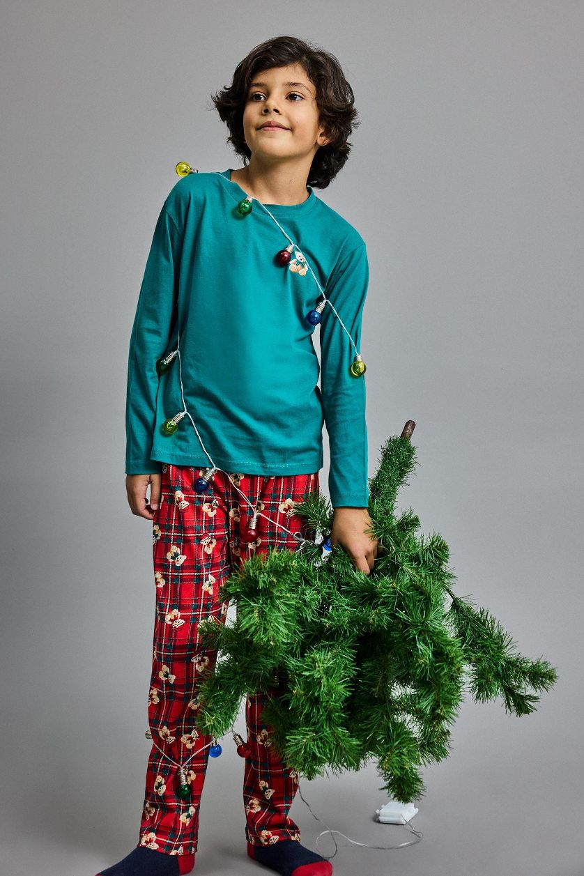 Erkek Çocuk - Genç Erkek Kırmızı %100 Pamuklu Desenli Beli Lastikli Pijama Takımı Erkek Çocuk