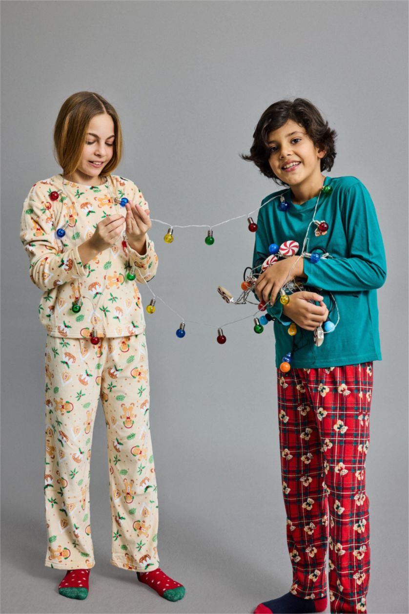 Erkek Çocuk - Genç Erkek Kırmızı %100 Pamuklu Desenli Beli Lastikli Pijama Takımı Erkek Çocuk