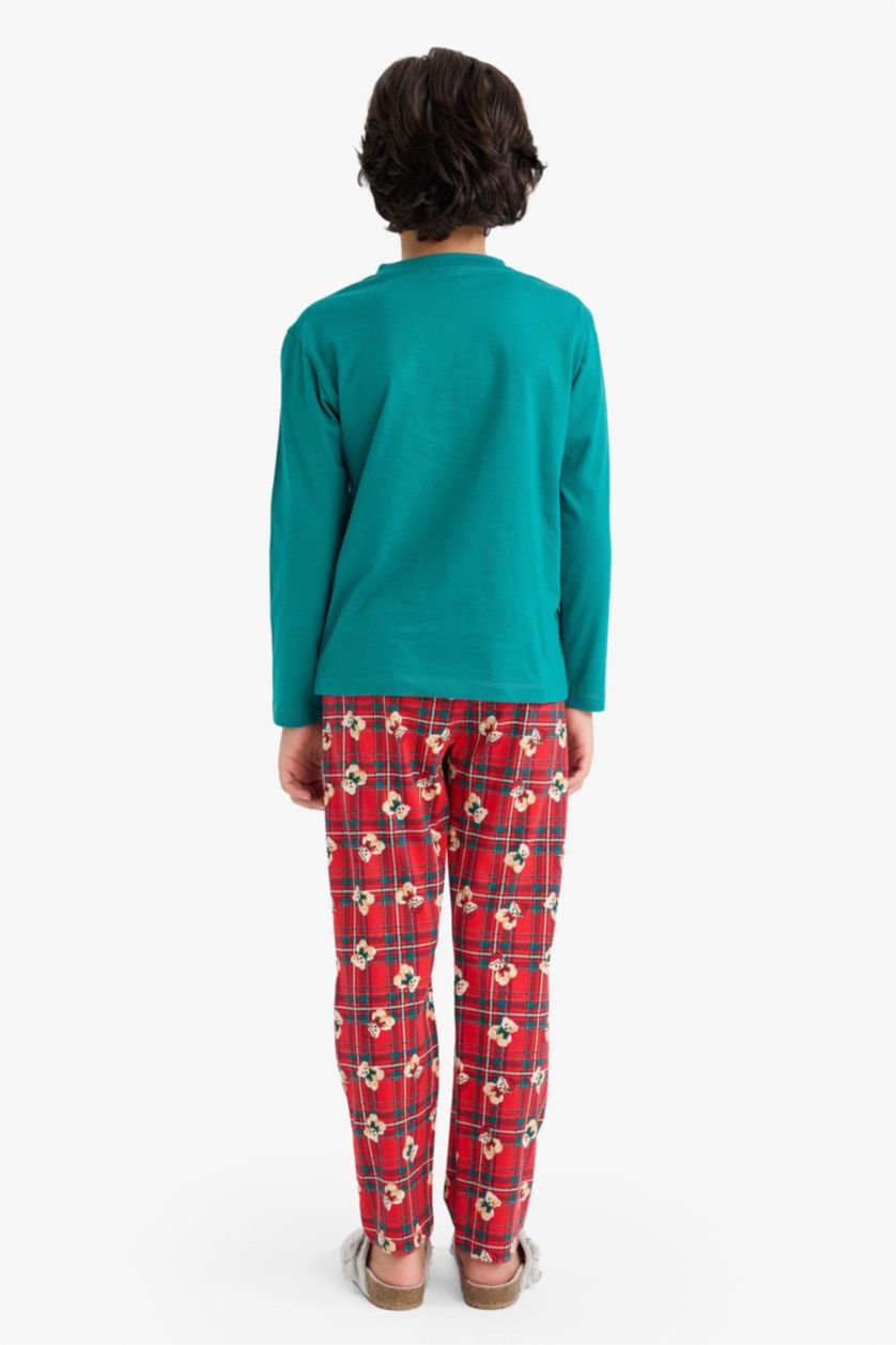 Erkek Çocuk - Genç Erkek Kırmızı %100 Pamuklu Desenli Beli Lastikli Pijama Takımı Erkek Çocuk