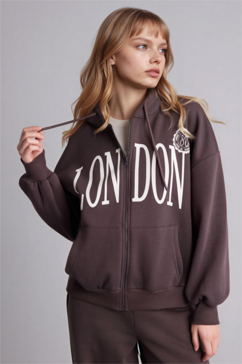 Woman Light Brown Oversize Fit Printed Thick Fabric Zip-Up Hoodie