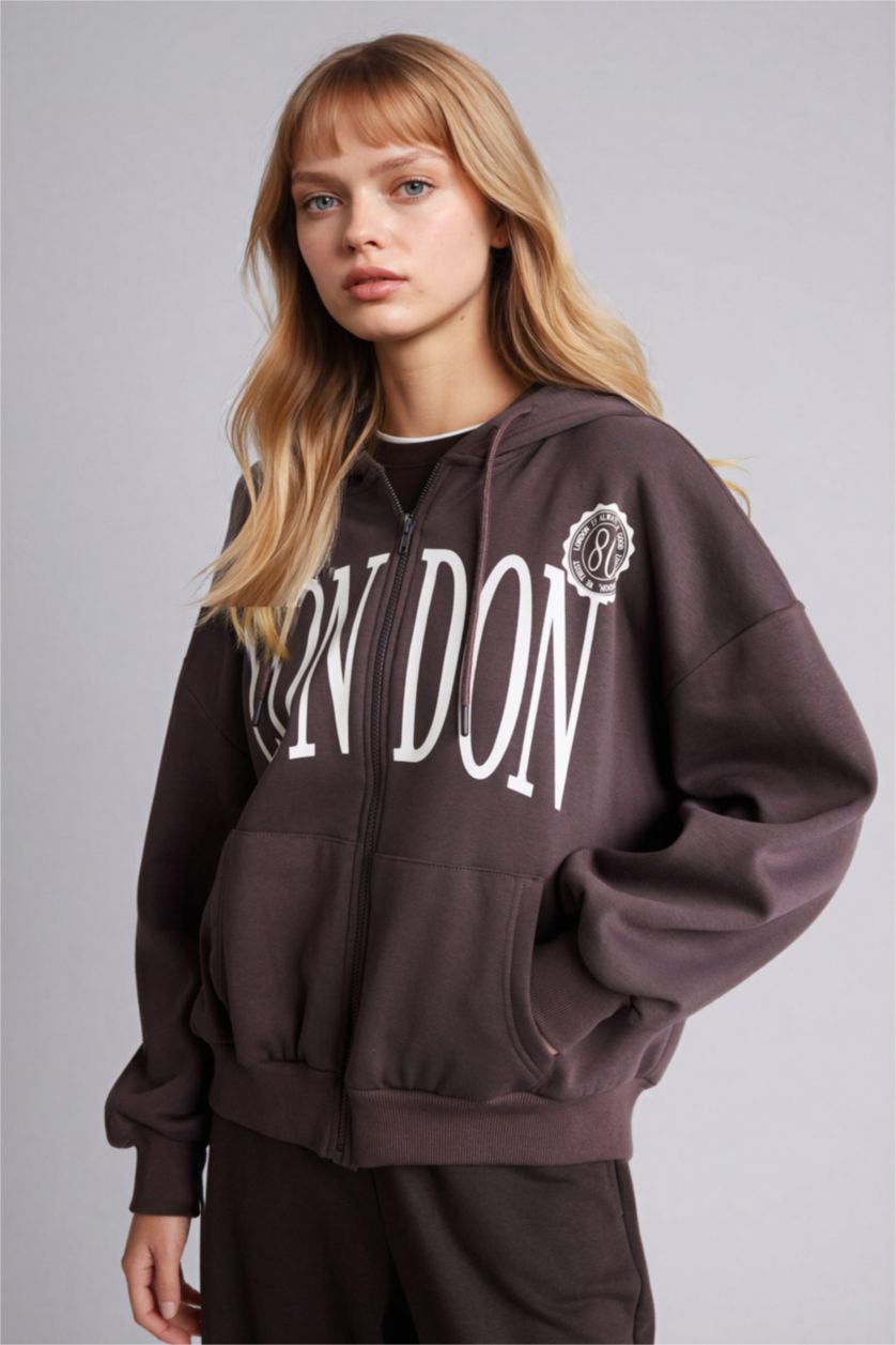 Kadın Açık Kahve Oversize Baskılı Fermuarlı Sweatshirt