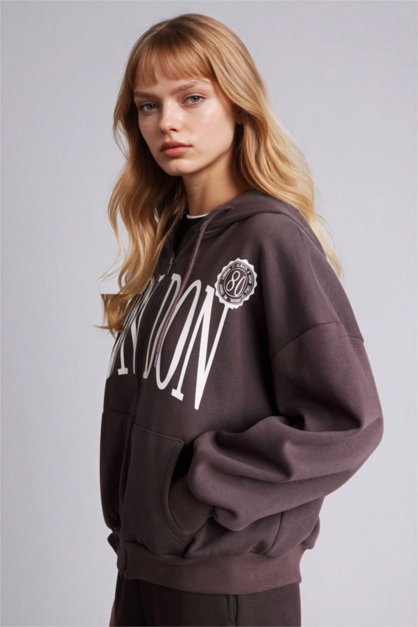 Kadın Açık Kahve Oversize Baskılı Fermuarlı Sweatshirt