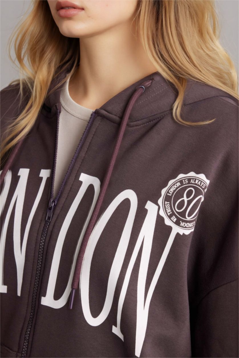 Woman Light Brown Oversize Fit Printed Thick Fabric Zip-Up Hoodie