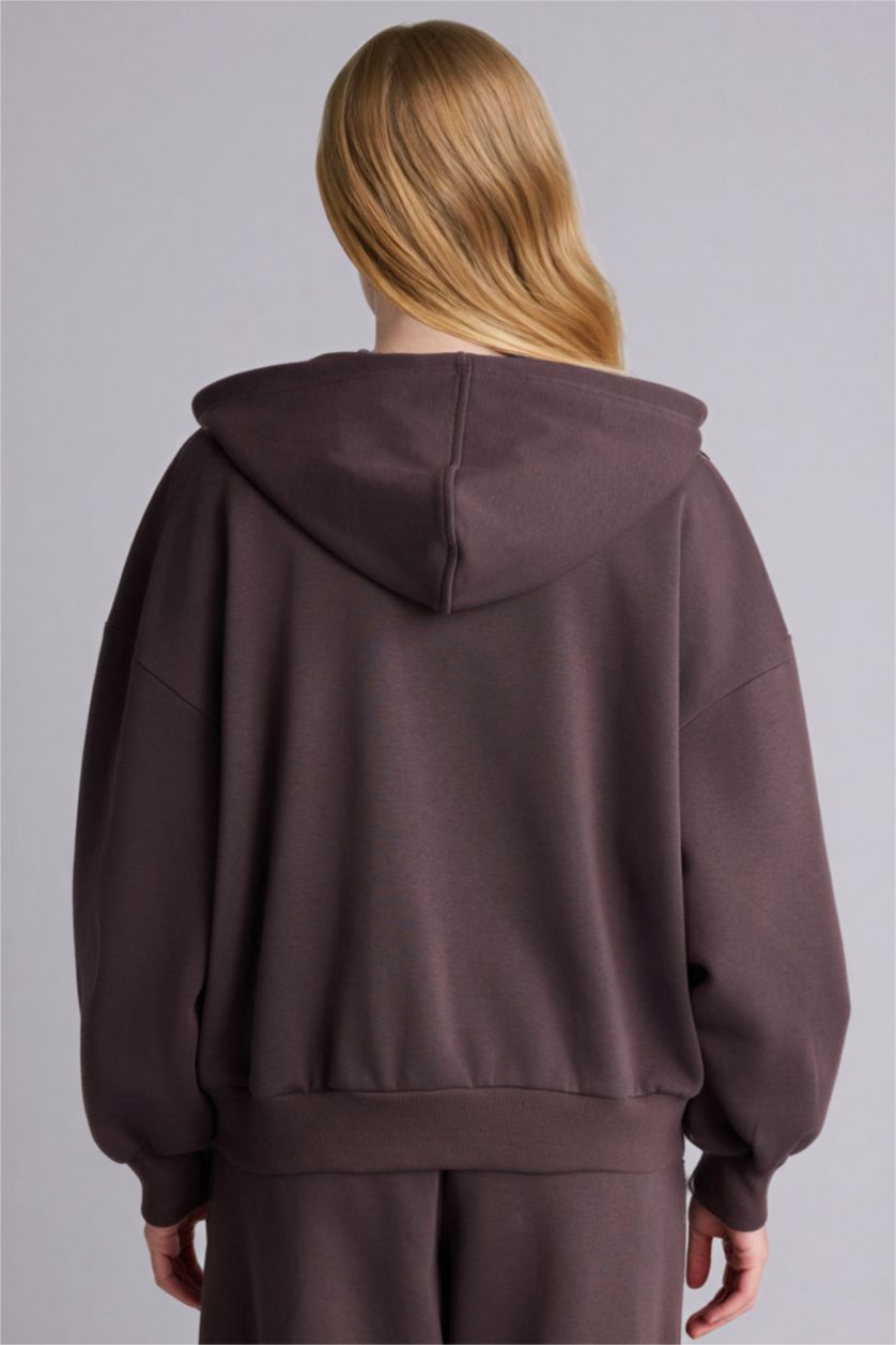 Woman Light Brown Oversize Fit Printed Thick Fabric Zip-Up Hoodie