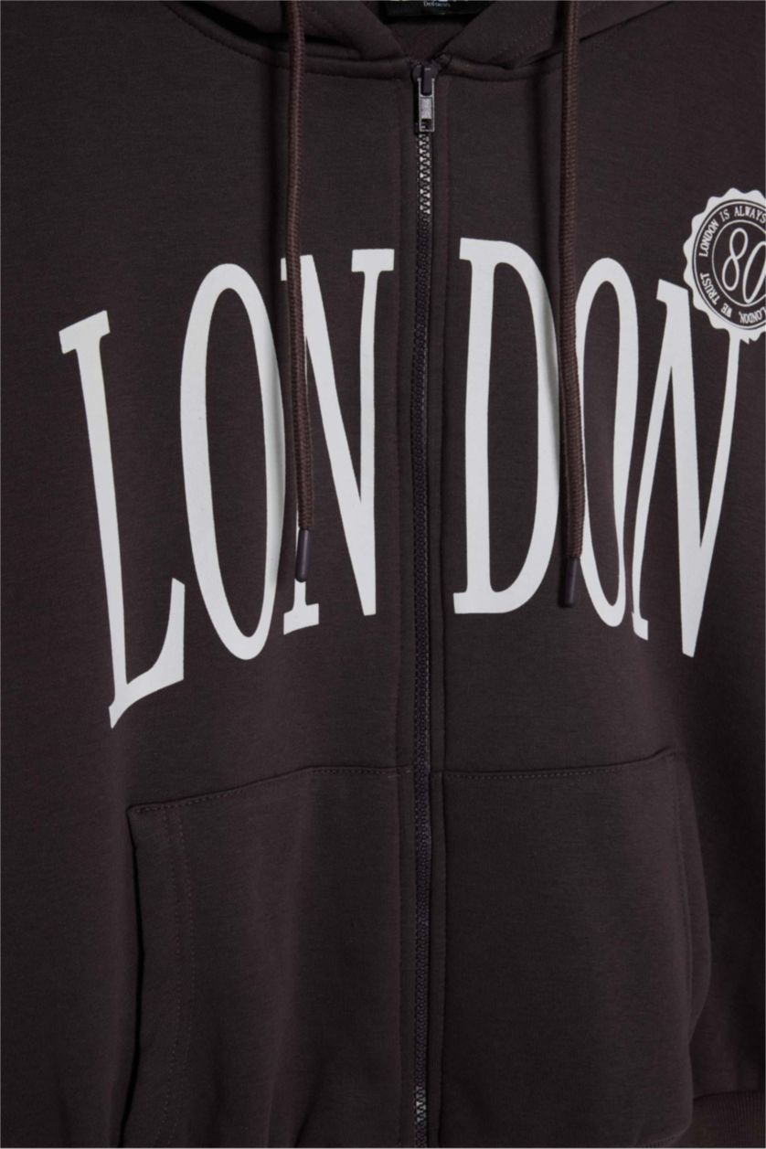 Kadın Açık Kahve Oversize Baskılı Fermuarlı Sweatshirt