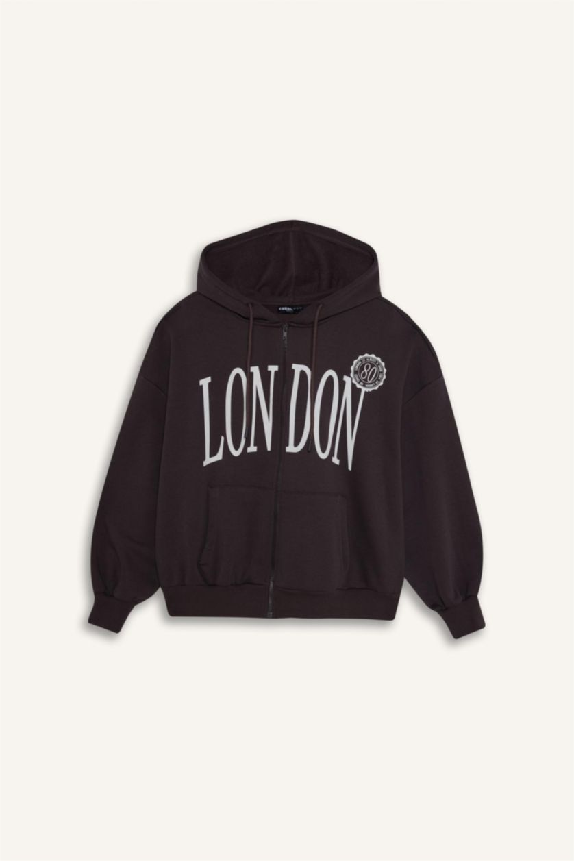 Woman Light Brown Oversize Fit Printed Thick Fabric Zip-Up Hoodie