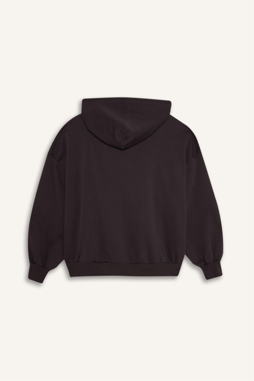Kadın Açık Kahve Oversize Baskılı Fermuarlı Sweatshirt