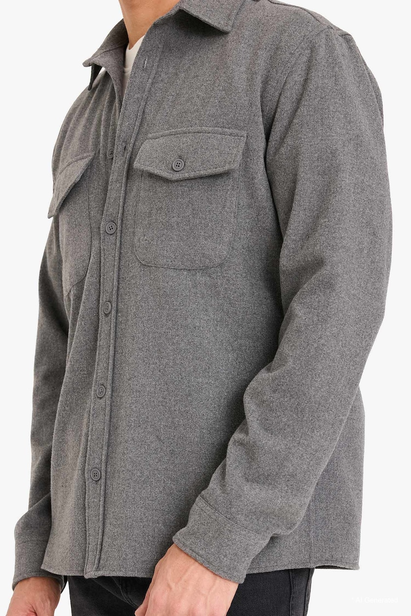 MAN Anthracite Regular Fit Long Sleeve Wool Look Shirt