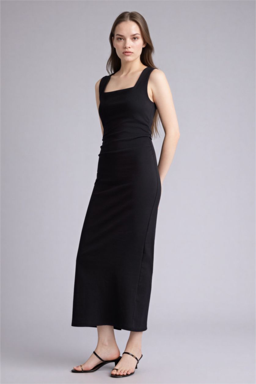 Женщины Черный Облегающее платье миди в рубчик Bodycon без рукавов с квадратным вырезом