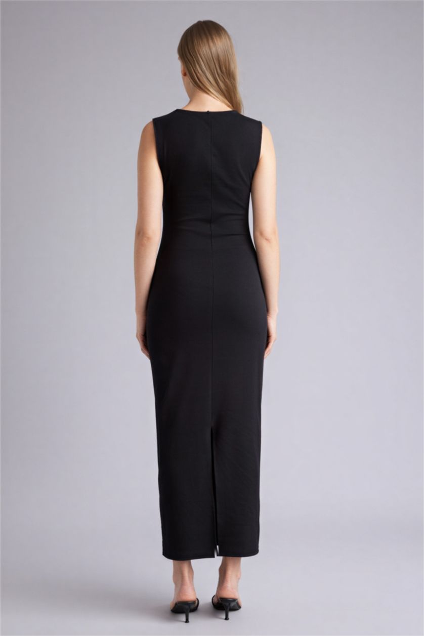 Женщины Черный Облегающее платье миди в рубчик Bodycon без рукавов с квадратным вырезом