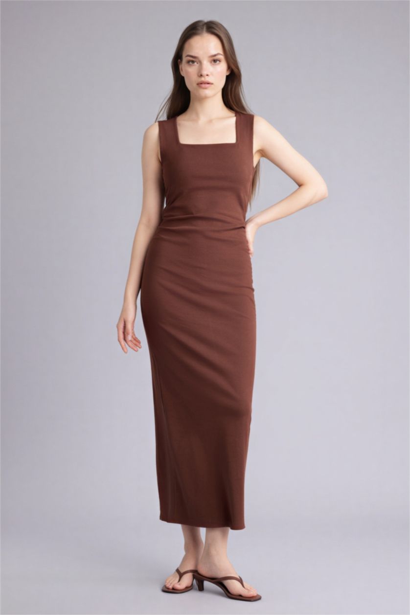 Женщины Коричневый Облегающее платье миди в рубчик Bodycon без рукавов с квадратным вырезом