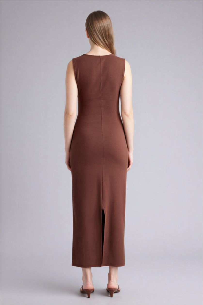 Женщины Коричневый Облегающее платье миди в рубчик Bodycon без рукавов с квадратным вырезом