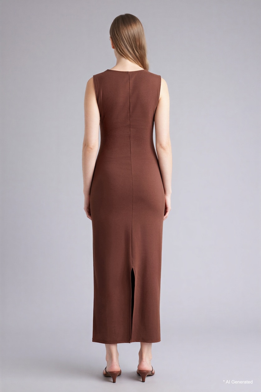 WOMAN Brown Bodycon Square Collar Ribana Midi Dress