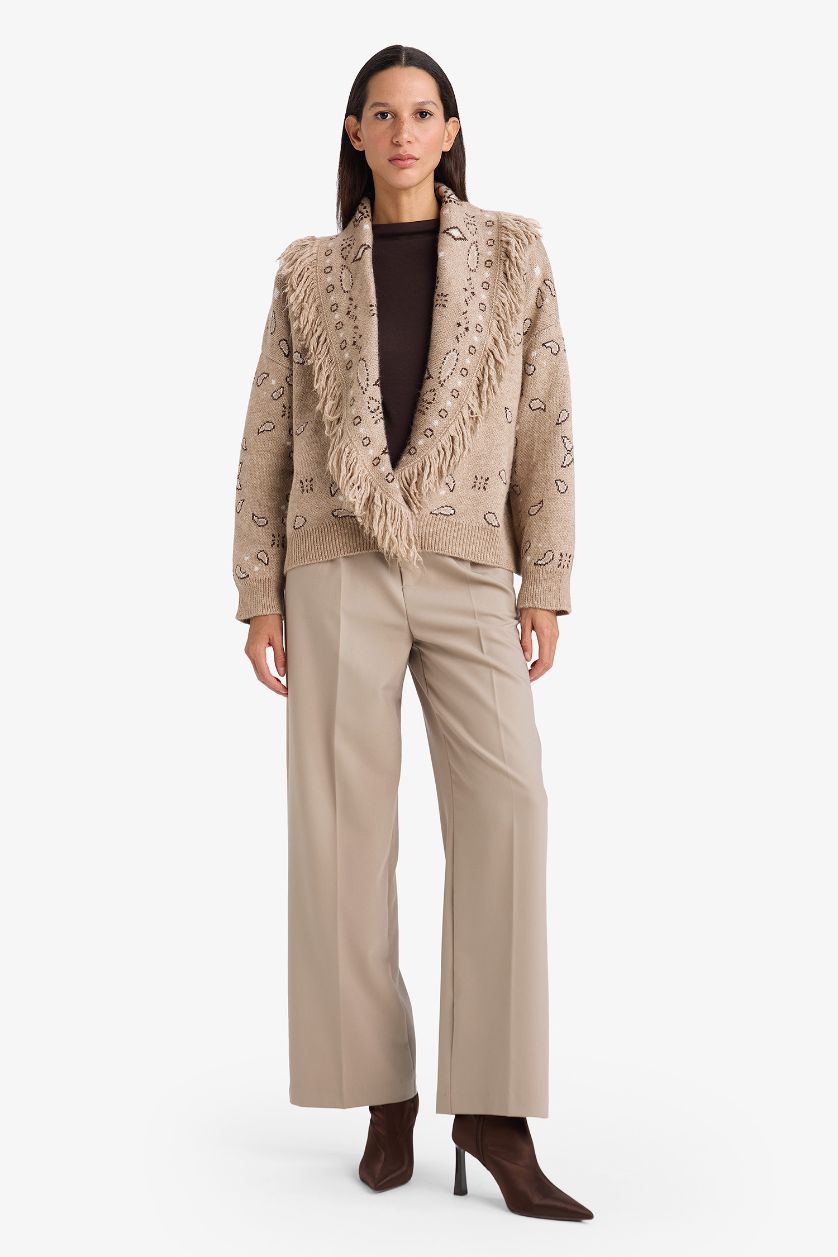 Woman Beige Oversize Fit Shawl Collar Knitwear Cardigan