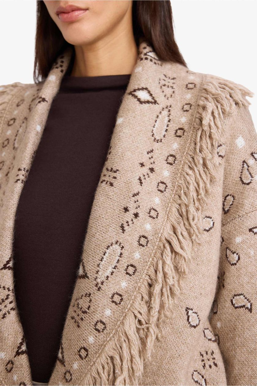 Woman Beige Oversize Fit Shawl Collar Knitwear Cardigan