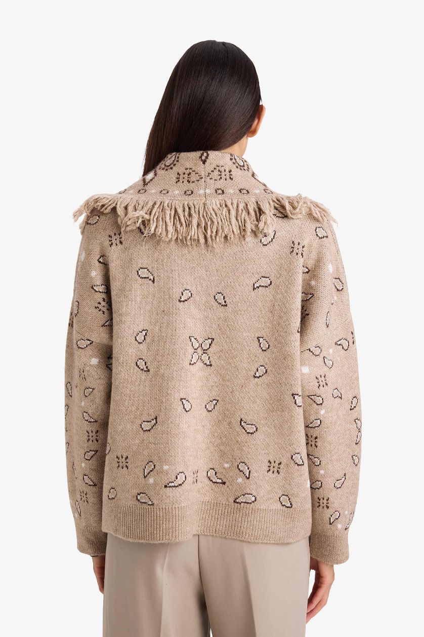 Woman Beige Oversize Fit Shawl Collar Knitwear Cardigan