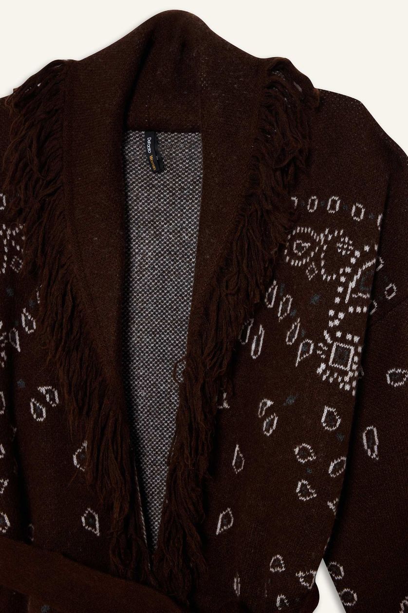 Kadın Kahve Oversıze Şal Yaka Triko Hırka