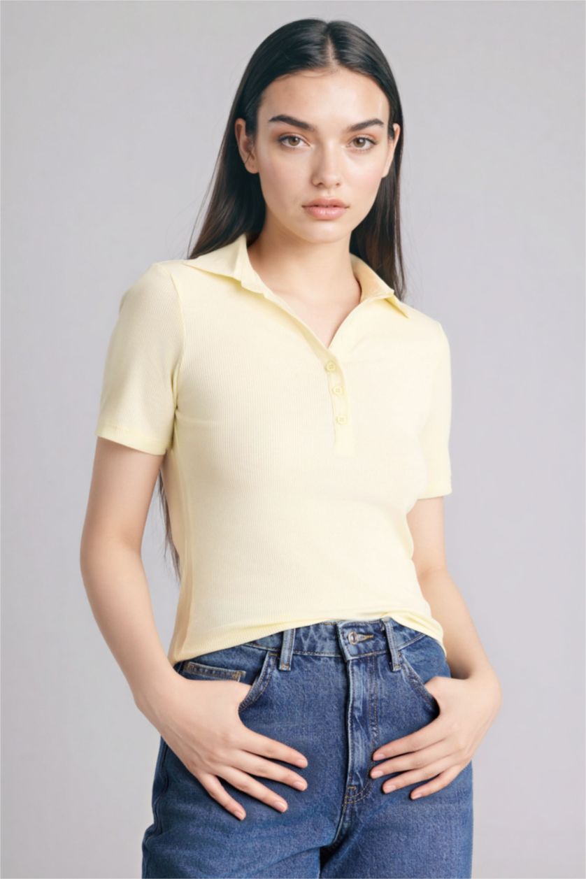 حريمي أصفر فاتح تيشيرت بولو نص كم سليم فيت مضلع